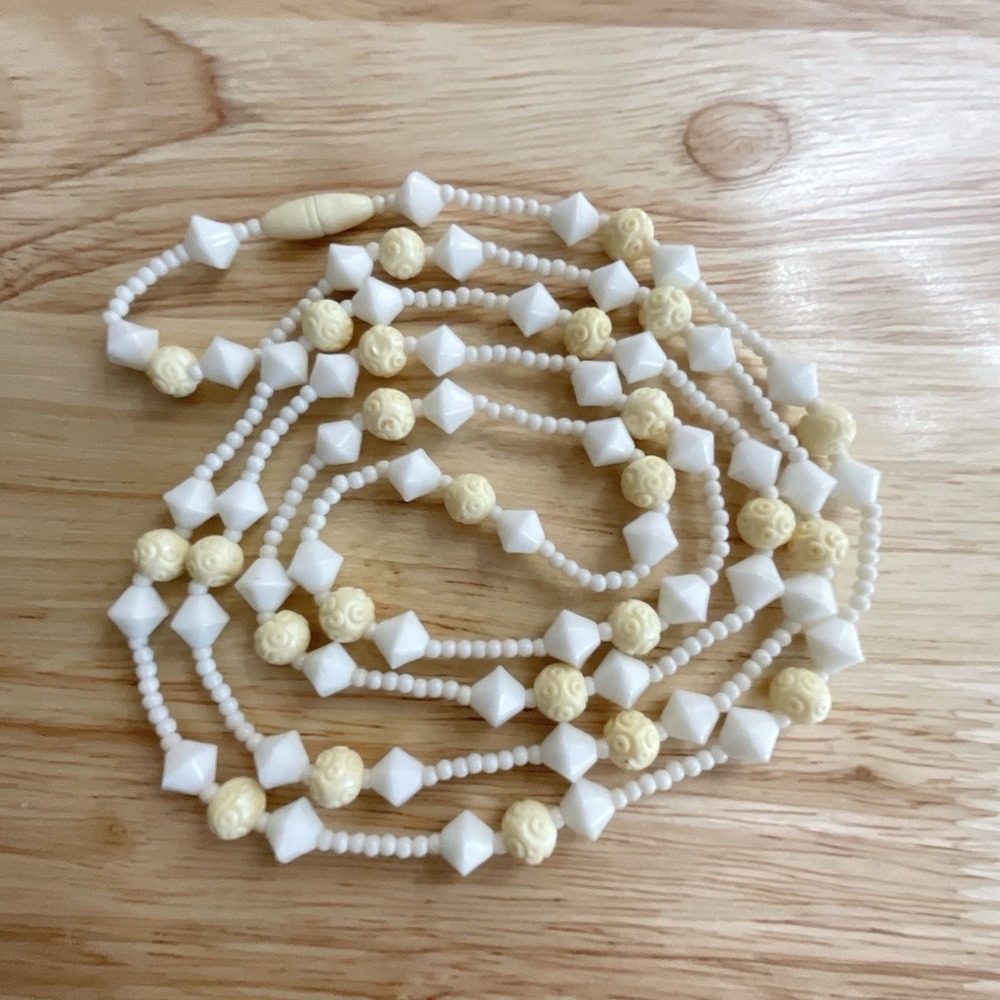 Vintage 42" Celluloid & Milk Glass Necklace Barrel Closure